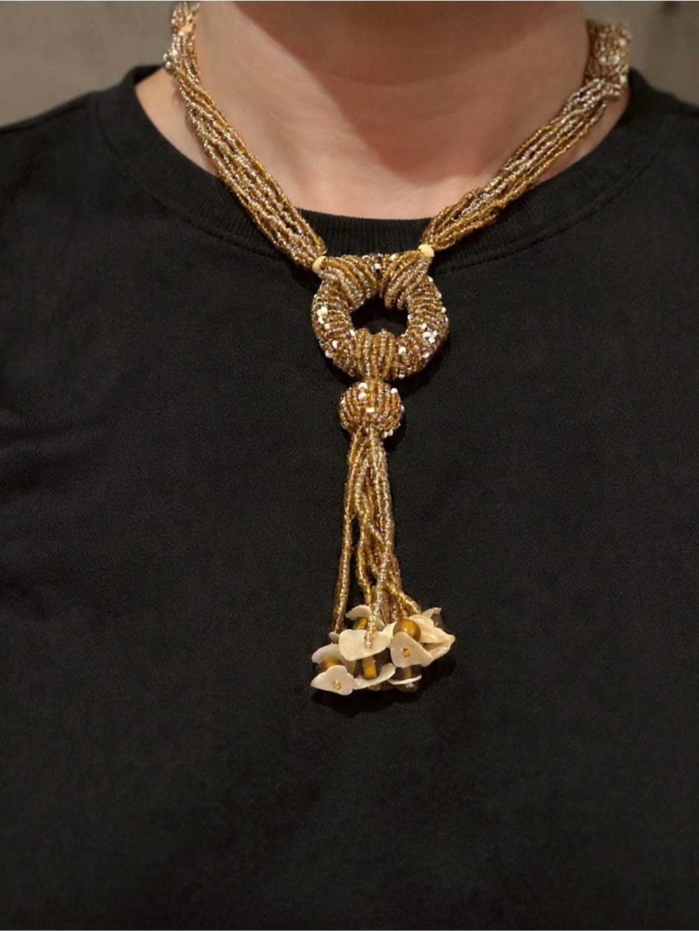 Gold Beaded Tassel Necklace with Floral Drop